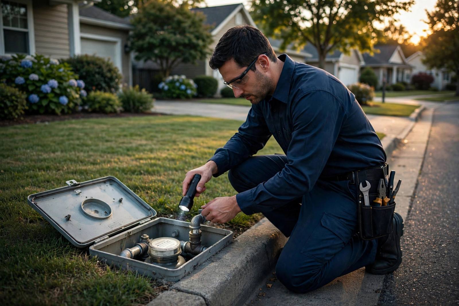 Technician checking a residential water meter for hidden leaks